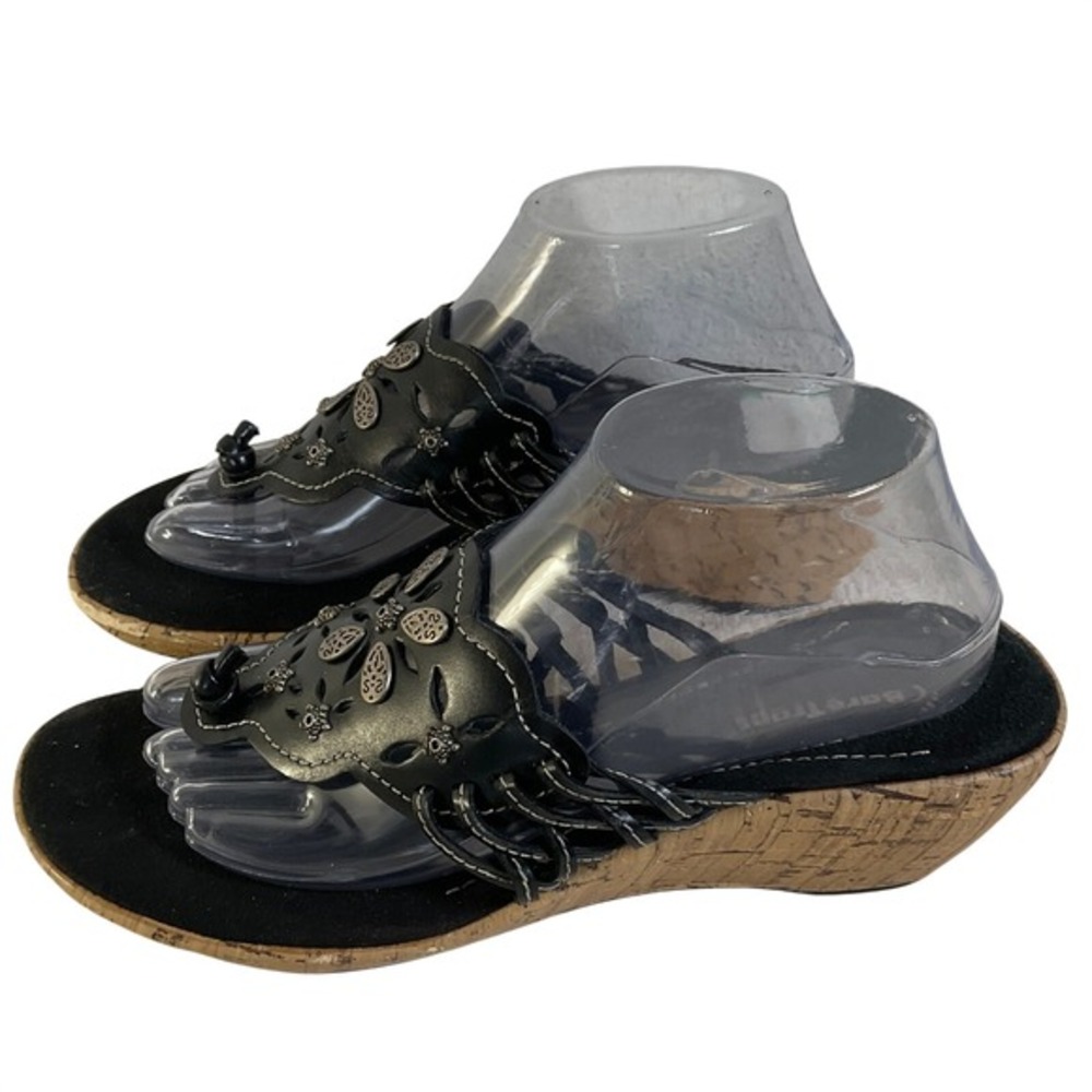BareTraps Italicize Black Leather Floral Cutout Cork Wedge‎ Sandals Womens 10M